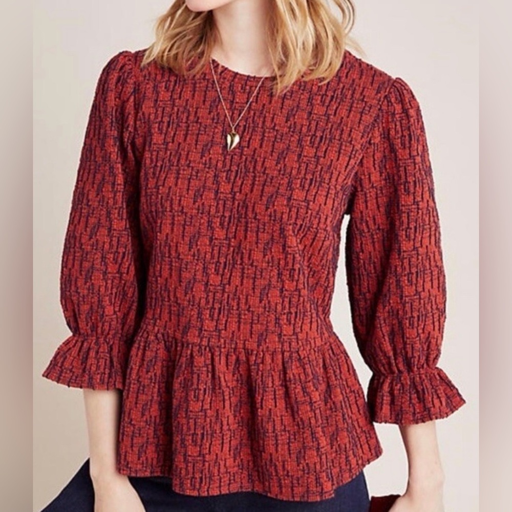 Anthropologie RO & DE Dark Orange Navy Perette Peplum Boucle Top size Medium